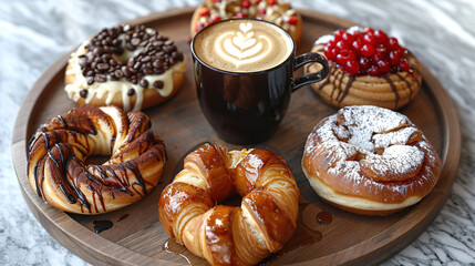   Wooden plate with doughnuts and coffee on a table