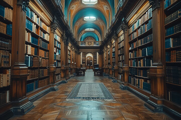 Poster - A serene library filled with rows of books, representing knowledge and peace. Concept of education and quiet reflection. Generative Ai.