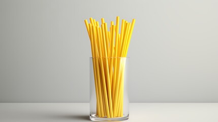 Wall Mural - A glass full of yellow drinking straws on a white table against a white background.