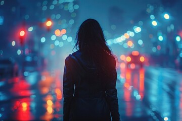 Silhouette of a young woman walking home alone at night on empty street