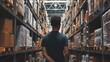 © AriyaniAI - A man in a dark blue shirt stands in an aisle of a warehouse with rows of stacked boxes.