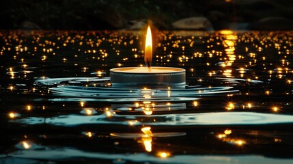 Wall Mural -   A candle glowing on water's surface, casting reflections