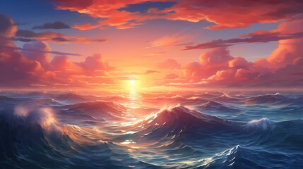 Wall Mural - A beautiful seascape with a setting sun and a stormy sky. The waves are rough and choppy, and the clouds are dark and ominous.