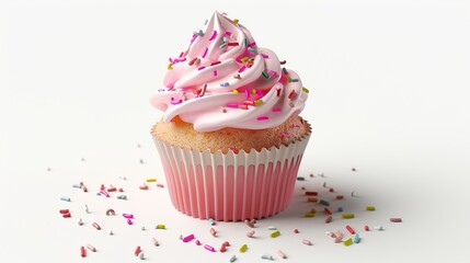 Poster - Pink cupcake with pink icing and colorful sprinkles on a white background. Sweet and delicious treat perfect for celebrations. Close-up photo capturing texture and details of a tasty pastry. AI