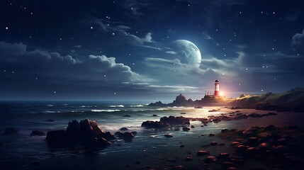 The full moon rises over a rocky beach. The waves are gently crashing against the shore. The lighthouse is casting its light across the water.