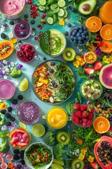 Vibrant Raw Food Collage: Fresh Salads, Smoothies, and Desserts for a Healthy Lifestyle