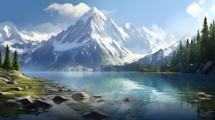 Wall Mural - This is a beautiful landscape image of a mountain and lake. The water is calm and clear, reflecting the sky and mountains.