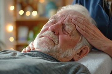 Wall Mural - Elderly Man Receiving Therapeutic Shoulder Massage in Serene Clinic for Pain Relief