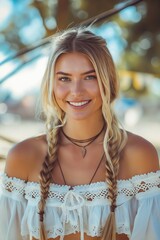 Wall Mural - A beautiful blonde woman with braids smiling.