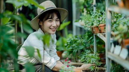 Wall Mural - A woman smiling while working in a greenhouse.