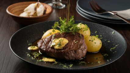 Wall Mural - Delicious steak with garlic butter and potatoes. The dish is decorated with fresh herbs and lightly sprinkled with olive oil.