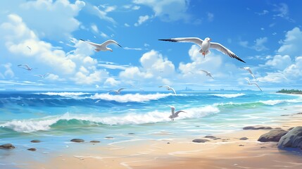Wall Mural - Soaring Seagulls over Tropical Beach. A beautiful day at the beach with the seagulls flying high above the waves.