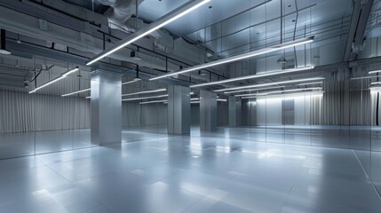 Poster - An empty room with a sleek modern design featuring silver pillars and bright white lighting. The room is spacious and has a clean and minimalist aesthetic.