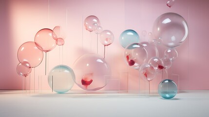 Pink and blue glass bubbles with a gradient background. There are different sizes and colors of bubbles, and they are all floating in the air.