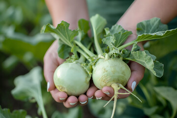 Hands holding fresh kohlrabi from an organic farm, showcasing a wholesome and eco-friendly way to grow vegetables. Ideal for promoting sustainable agriculture, healthy eating,organic farming practices