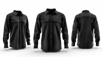 3D realistic vector illustration of a mens classic black shirt with long sleeves and chest pockets displayed in front side and back views Isolated on white