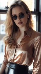 Wall Mural - A beautiful blonde woman wearing sunglasses and a leather skirt.