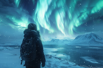 Wall Mural - A traveler watching the Northern Lights from a snowy landscape. Concept of natural phenomena and awe-inspiring sights. Generative Ai.