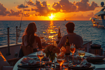 Wall Mural - A couple enjoying a sunset dinner on a yacht. Concept of luxury travel and romantic moments. Generative Ai.