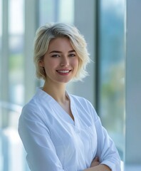 Wall Mural - A beautiful blonde woman in white shirt standing in an office.