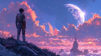 Wall Mural - A solitary figure stands on a rocky cliff, looking up at a breathtaking night sky illuminated by a giant moon and countless stars.