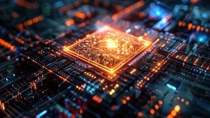 Wall Mural - A close-up of a circuit board with a glowing central processing unit, illuminated in vibrant orange and blue.