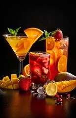 Sticker - A colorful array of fresh fruit cocktails against a dark background. This vibrant image showcases refreshing drinks perfect for a summer party or a cocktail menu. Bright, tropical, and tempting. AI