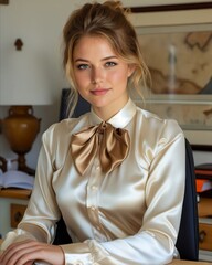 Wall Mural - A woman in a white shirt and brown bow tie.