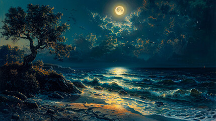 Moonlit beach under the starry night sky.