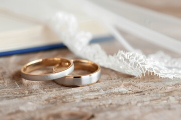 Two wedding rings on the table, with white lace in the background and an open book