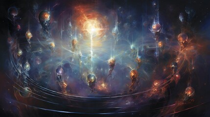 Mystical ethereal background with a glowing sun and floating spheres in deep space.