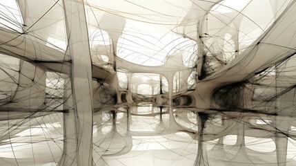 Black and white abstract background. Organic structure looks like a fragment of a fantastic alien city. 3D rendering.