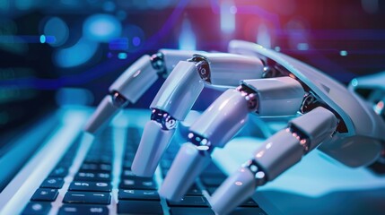 Sticker - A white robotic hand with articulated joints types on a laptop keyboard, illuminated by cool blue and purple lights.