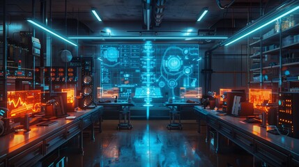 Poster - Modern tech lab with computers, interactive screen, and technical gear. Displays complex data and visuals, emphasizing advanced technology and research.