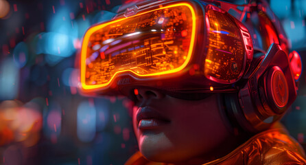 Poster - A person wears a VR headset with an orange glow in a futuristic cityscape at night.