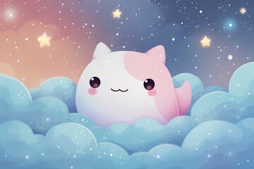A cute cartoon cat sitting on the clouds, surrounded stars and pink light, creating an adorable atmosphere. The background features a starry sky with soft pastel colors, creating a dreamy effect