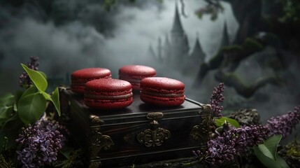 Wall Mural -   A cluster of scarlet macaroons resting atop a chest of drawers before a hazy forest