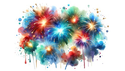 Watercolor Fireworks illustration, Amazing colorful fireworks, Colorful fireworks on white background. Generative AI