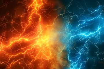 lightning in the night sky, A dynamic background featuring a striking contrast of hot orange and cold blue electrical lightning bolts, creating a visually captivating and energetic scene