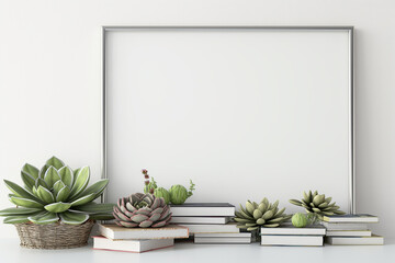 Wall Mural - frame on the wall, A home interior poster mockup featuring a horizontal metal frame, succulents in a basket, and a pile of books against a white wall background