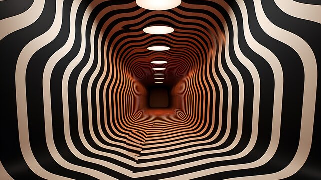 Black and white striped tunnel. The walls are curved and the stripes are uneven, creating a sense of movement and depth.