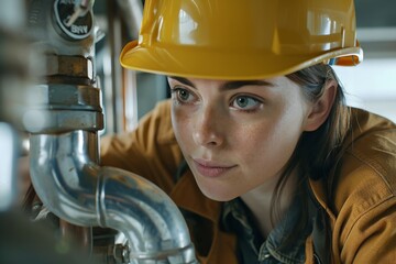 Aufkleber - Female engineer inspecting plumbing system wearing hard hat
