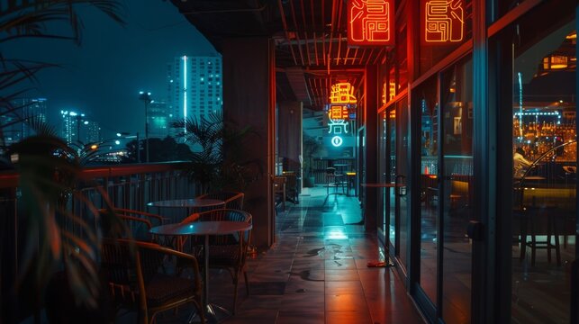 A vibrant night scene of a city rooftop bar with neon signs and city lights in the background