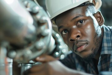 Aufkleber - Industrial engineer wearing a hard hat is installing a pipeline in a factory