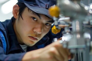 Fototapete - Young asian engineer working concentrated on a machine in a factory