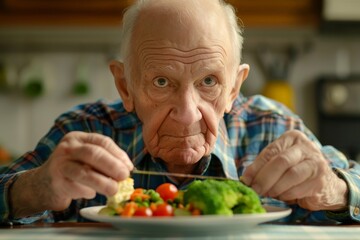 Senior man enjoying healthy meal with vegetables in kitchen