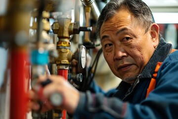 Poster - Senior technician working on industrial pipes and valves