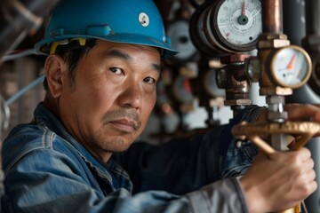 Fototapete - Asian engineer working and controlling pressure gauge reading