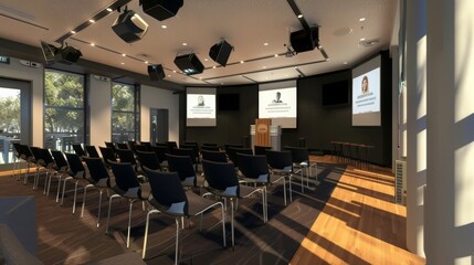 Poster - An empty conference room with auditorium seating, a podium, and a projector screen. There are several windows overlooking a wooded area.