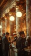 © punniix - Vintage scene of elegantly dressed men in hats and suits at an opulent interior with ornate columns and warm lighting.